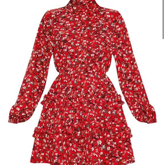 red floral printed frill skater shirt dress PrettyLittleThing | Dresses | Red Floral Printed Frill Skater Shirt Dress